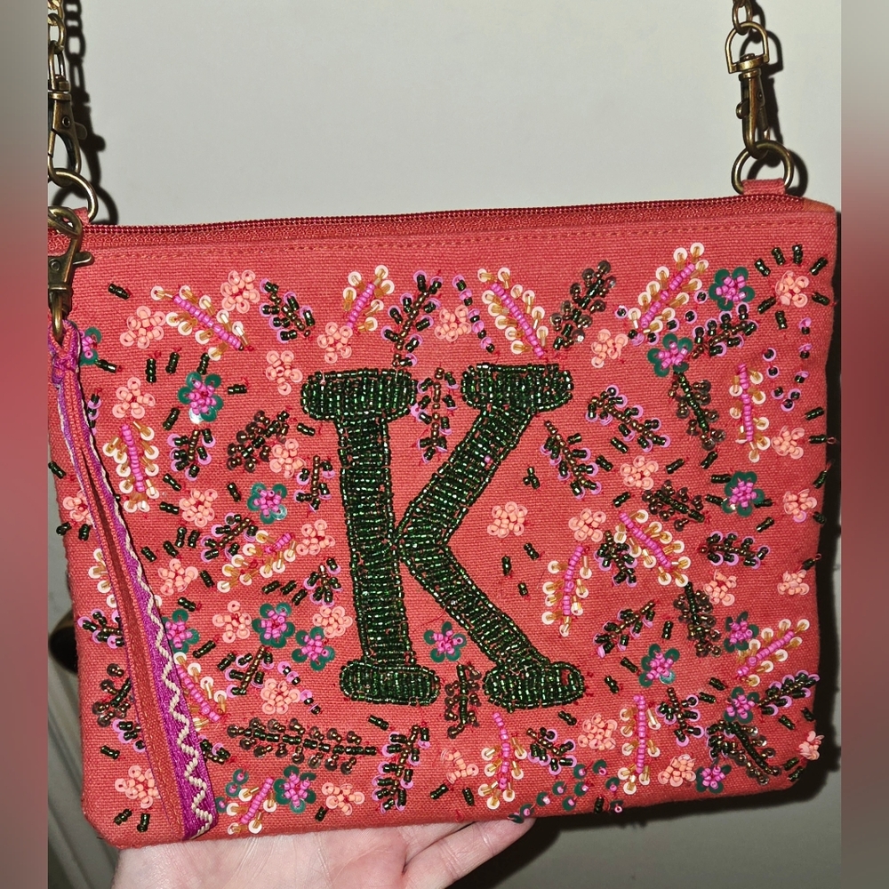 America & Beyond Beaded Initial "K" Crossbody 9.5 x 8" & Long Chain